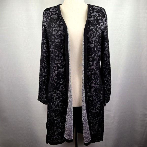 Chico's Open Front Long Cardigan Women's Size 2 (Large) Silver/Black Career - Picture 2 of 8